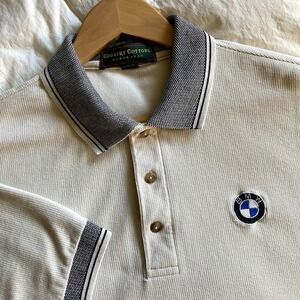 Vtg Country Cottons Polo Shirt BMW Embroidery Mens XL Beige USA Made Heavy EUC
